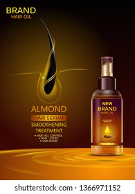 easy to edit vector illustration of Advertisement promotion banner for almond oil hair serum for smoothening and strong hair