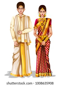 easy to edit vector illustration of Andhrait wedding couple in traditional costume of Andhra Pradesh, India