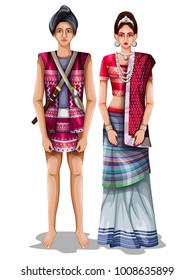 easy to edit vector illustration of Arunachali wedding couple in traditional costume of Arunachal Pradesh, India