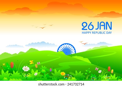 easy to edit vector illustration of Ashoka Chakra rising in landscape