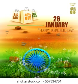easy to edit vector illustration of Ashoka Chakra on Happy Republic Day of India Sale background