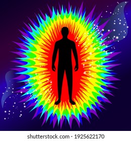 easy to edit vector illustration The aura of the body. Rainbow color marked layers of the male body. Etheric, emotional, metallic, astral, celestial and causal layer. vector