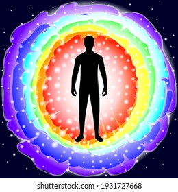 easy to edit vector illustration The aura of the body. Rainbow color marked layers of the male body. Etheric, emotional, metallic, astral, celestial and causal layer. vector