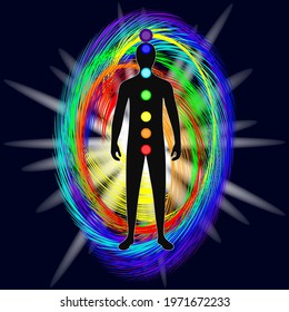 easy to edit vector illustration The aura of the body. The rainbow color marks the layers of the male body. Etheric, emotional, astral. The chakral system. Black background. Vector