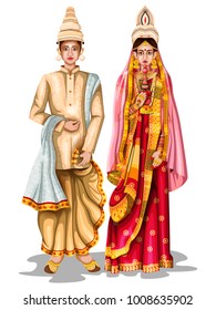 easy to edit vector illustration of Bengali wedding couple in traditional costume of West Bengal, India