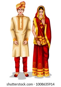 easy to edit vector illustration of Bihari wedding couple in traditional costume of Bihar, India