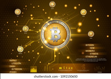 easy to edit vector illustration of Bitcoin on hi-tech cryptocurrency digital currency with encryption techniques financial background