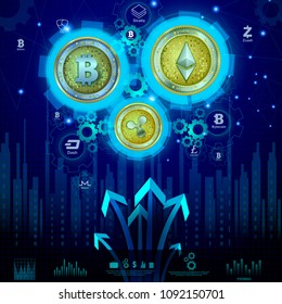 easy to edit vector illustration of Bitcoin on hi-tech cryptocurrency digital currency with encryption techniques financial background