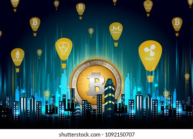 easy to edit vector illustration of Bitcoin on hi-tech cryptocurrency digital currency with encryption techniques financial background
