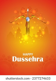 easy to edit vector illustration of bow of Lord Rama in Happy Dussehra background showing festival of India