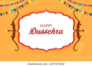 easy to edit vector illustration of bow of Lord Rama in Happy Dussehra background showing festival of India