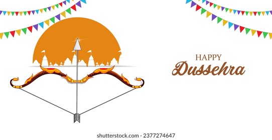 easy to edit vector illustration of bow of Lord Rama in Happy Dussehra background showing festival of India