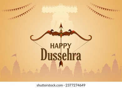 easy to edit vector illustration of bow of Lord Rama in Happy Dussehra background showing festival of India