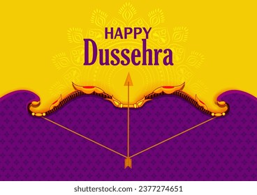 easy to edit vector illustration of bow of Lord Rama in Happy Dussehra background showing festival of India