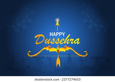 easy to edit vector illustration of bow of Lord Rama in Happy Dussehra background showing festival of India