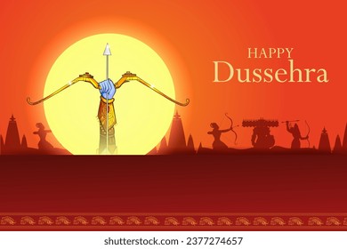 easy to edit vector illustration of bow of Lord Rama in Happy Dussehra background showing festival of India