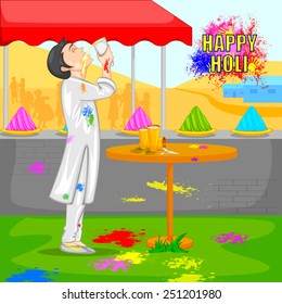 easy to edit vector illustration of boy drinking bhang thandai in Holi