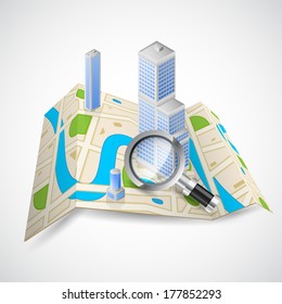 easy to edit vector illustration of building on map with magnifying lens