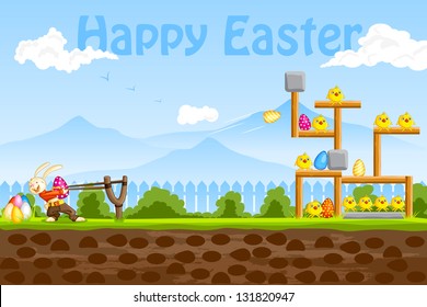 easy to edit vector illustration of bunny playing with Easter egg svg