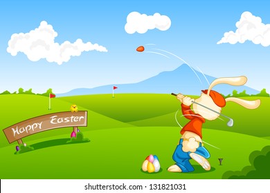 easy to edit vector illustration of bunny playing golf with Easter egg