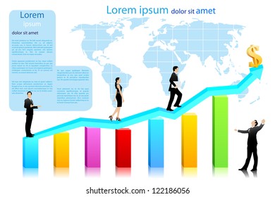 easy to edit vector illustration of business people walking on bar graph with dollar