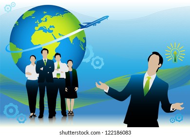 easy to edit vector illustration of business people standing in front of globe