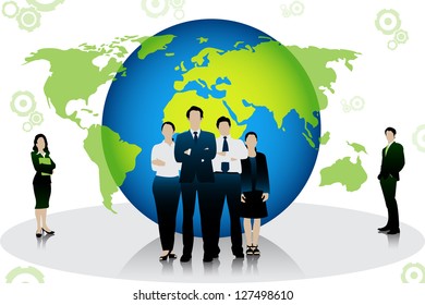 easy to edit vector illustration of business people standing in front of globe