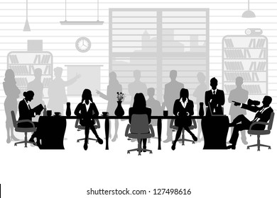 easy to edit vector illustration of  business people during a meeting sitting around a table