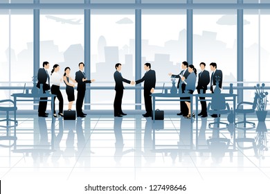 easy to edit vector illustration of business deal in office with business people