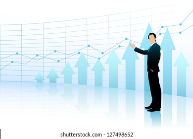 easy to edit vector illustration of business man presenting business statistic in bar graph