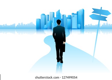 easy to edit vector illustration of business man walking toward office building showing opportunity