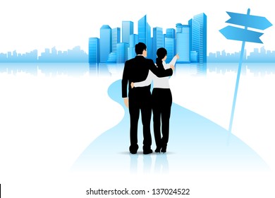 easy to edit vector illustration of business couple point at building showing future