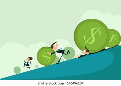 easy to edit vector illustration of business men escaping from falling dollar recession