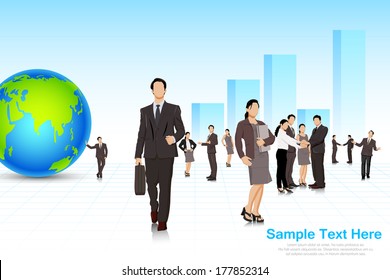 easy to edit vector illustration of business people with building backdrop