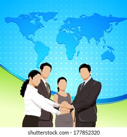 easy to edit vector illustration of business people standing in front of world map