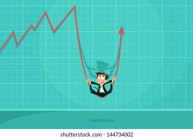easy to edit vector illustration of businessman swinging on profit arrow