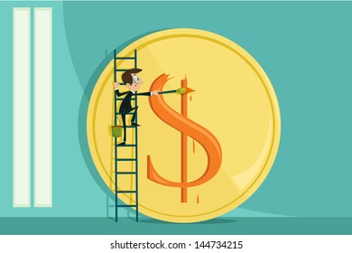easy to edit vector illustration of businessman painting dollar sign on coin