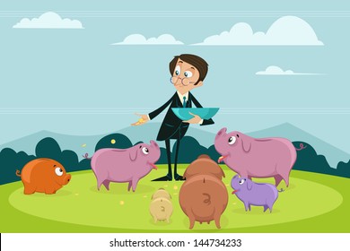 easy to edit vector illustration of businessman pouring coin into different piggybank showing portfolio diversification