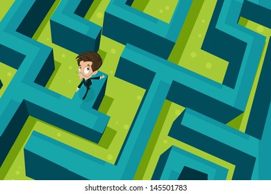 easy to edit vector illustration of businessman walking on puzzle maze