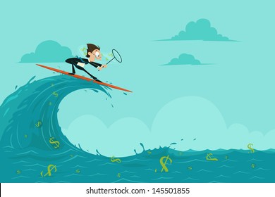 easy to edit vector illustration of businessman surfing and catching dollar