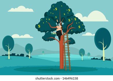 easy to edit vector illustration of businessman plucking dollar from tree