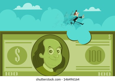 easy to edit vector illustration of businessman jumping over dollar hole