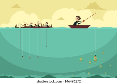easy to edit vector illustration of businessman fishing dollar sitting in boat 