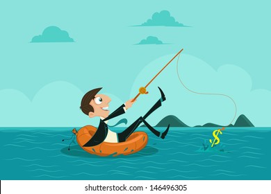 easy to edit vector illustration of businessman fishing dollar sitting on lifebouy