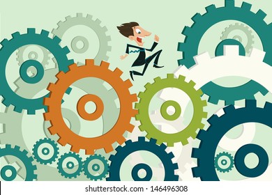 easy to edit vector illustration of businessman running on gears