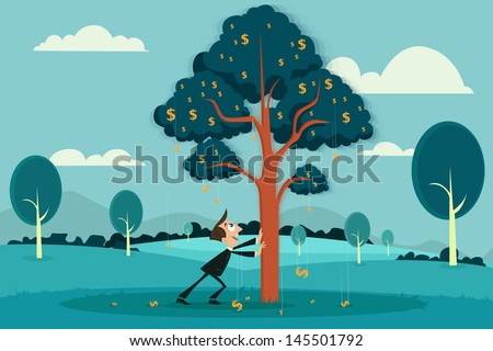 easy to edit vector illustration of businessman plucking dollar by shaking tree