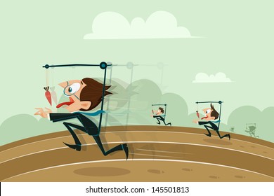 easy to edit vector illustration of businessmen running with hanging carrot in motivation concept