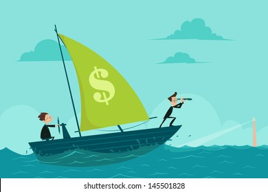 easy to edit vector illustration of businessmen on boat watching through telescope