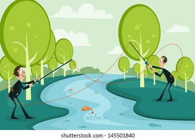 easy to edit vector illustration of businessmen fishing competitor's business