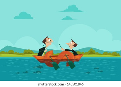 easy to edit vector illustration of businessmen sailing dollar boat